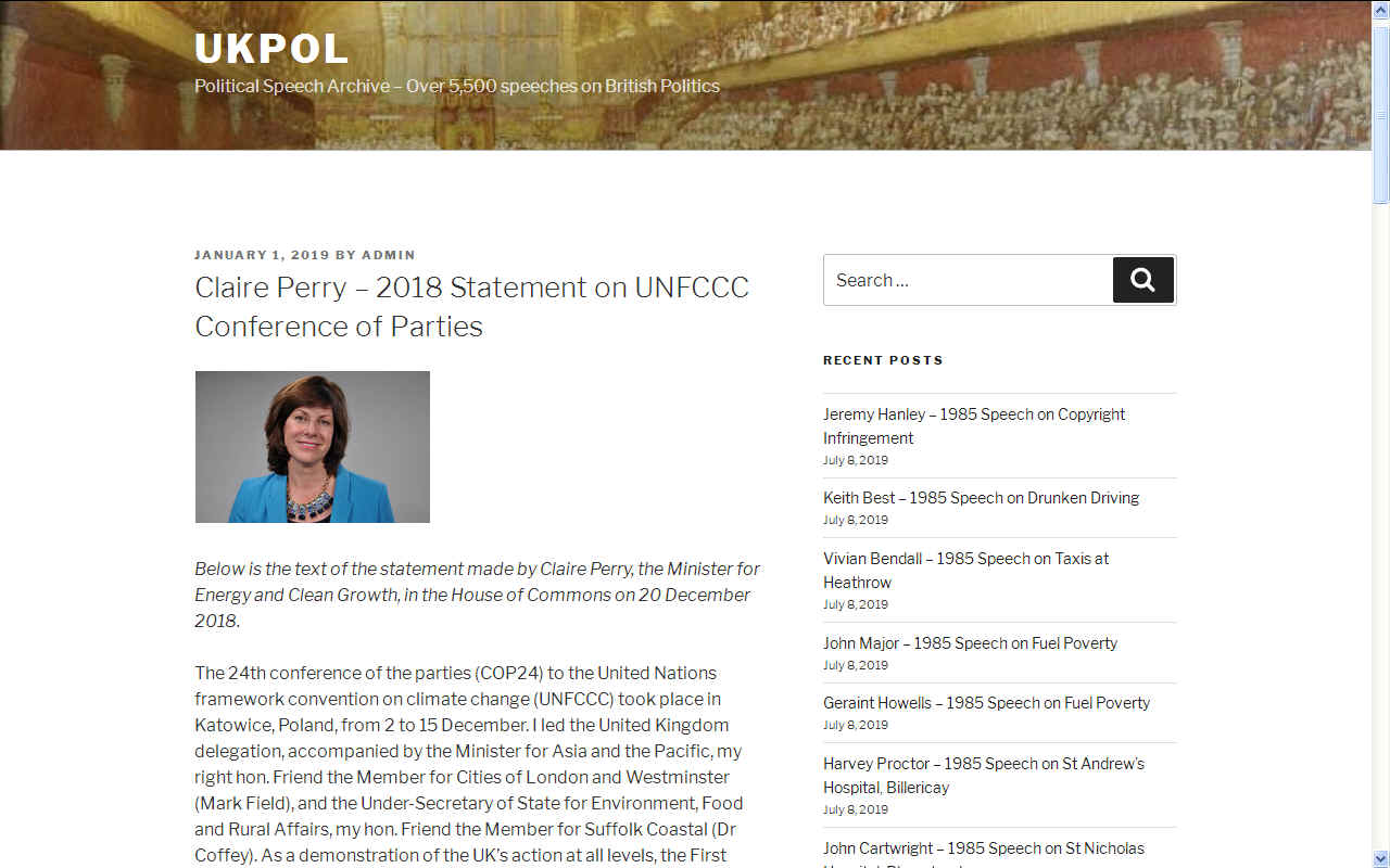 Statement by MP Claire Perry in House of Commons on climate change conferences parties UN 2019 and 2020