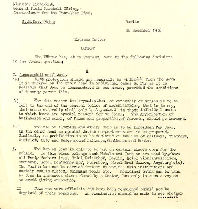 Field Marshal Goring, on Jews and ownership of houses, businesses, farms and factories 28 December 1938. The agenda was the Aryanisation of Nazi Germany. Where millions of ordinary Jewish people were already being transported by train to Concentration Camps for extermination, important and wealthy Jews were allowed to keep property, and enjoy social life to some extent, so long as they were not visible. And that was only to keep the economy buoyant, against sudden shocks to national cashflow.